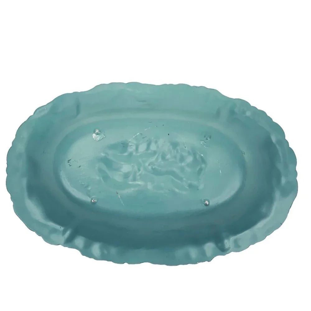 Vtg Trinket Dish Jewelry Tray Soap Blue Painted Metal High Relief Floral Ornate